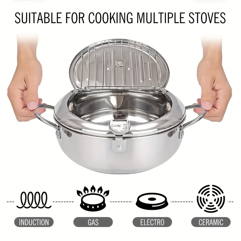 Top Pick: Stainless Steel Deep Fryer Pan with Thermometer - 7.9" Japanese Tempura Cooking Pot for French Fries, Shrimp & Chicken Wings - Compatible with Induction Cooktops, 20cm, Includes Oil Rack and Fish Basket