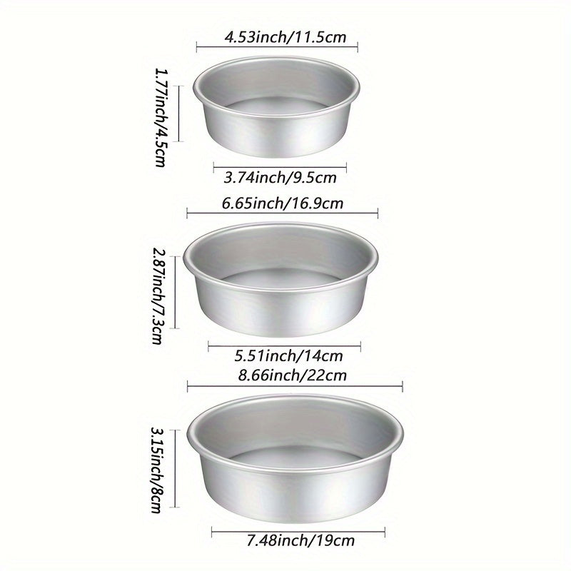 Cake Pan Set includes three pieces in sizes of 10.16cm, 15.24cm, and 20.32cm. These round aluminium cake molds have removable bottoms, making them convenient for baking cakes. Perfect addition to your kitchen tools collection.