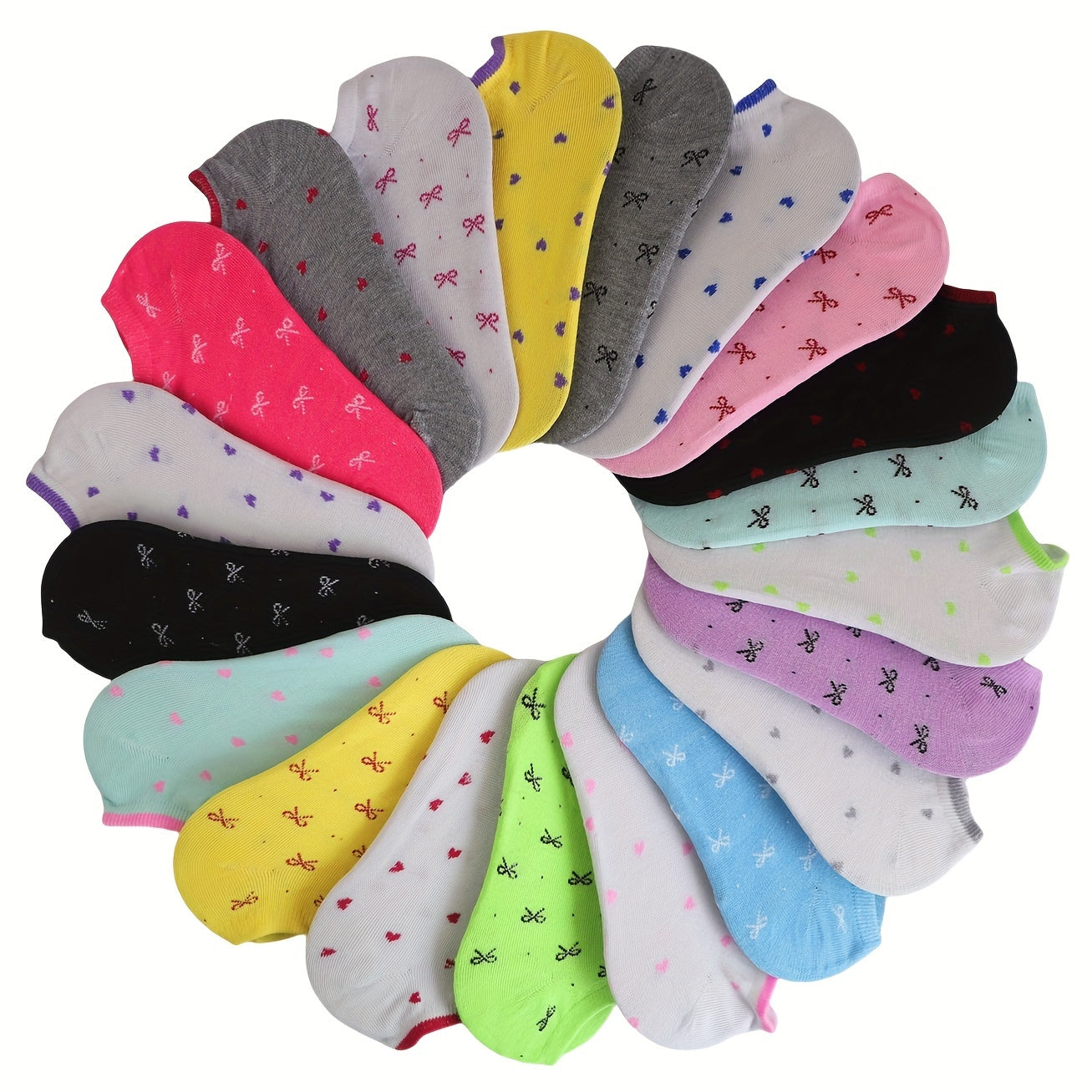 20 pairs of candy-colored, lightweight, and breathable low cut ankle socks for women.