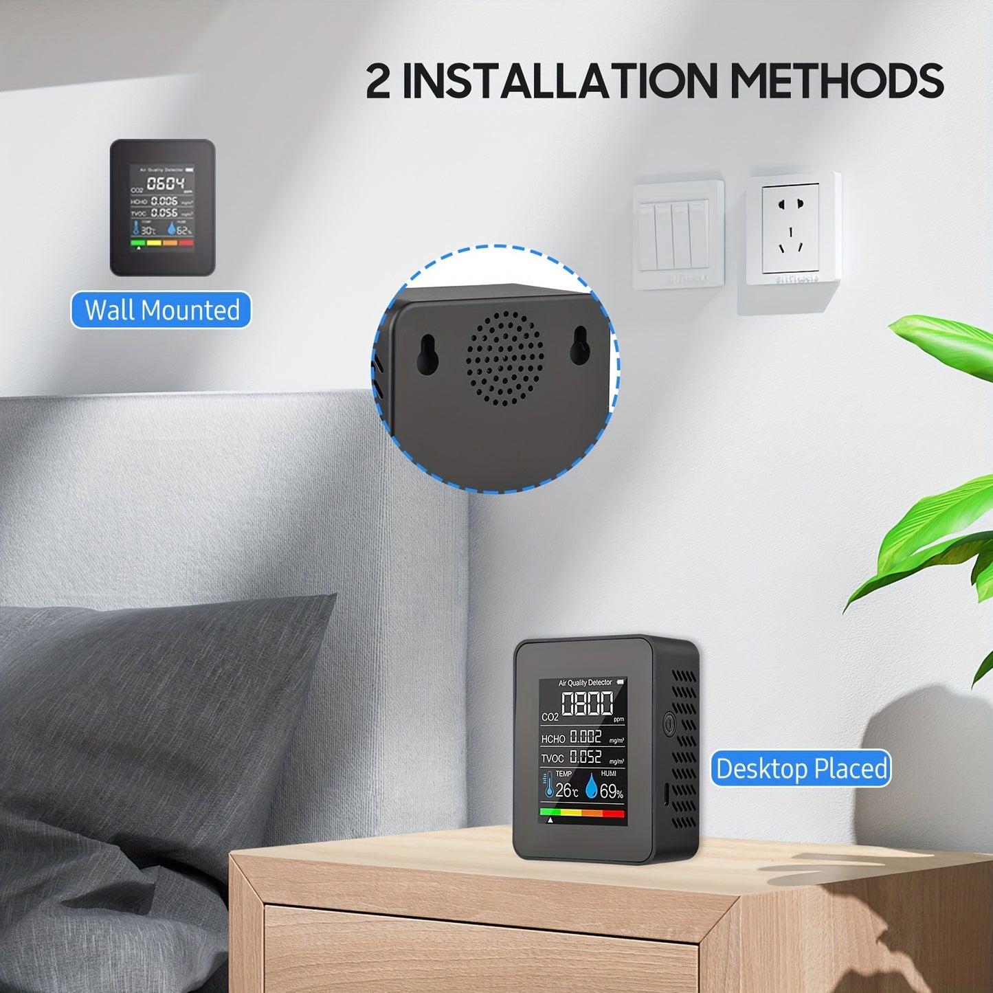 Portable CO2 detector with temperature, humidity, TVOC, and HCHO detection, rechargeable, suitable for travel and home use.