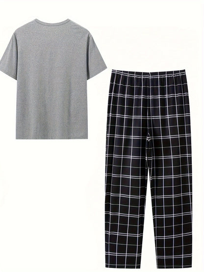 Men's comfortable minimalist style polyester pajama set includes a short sleeve gray tee, black and white checkered long pants with elastic waistband. Machine washable. Relax fit loungewear