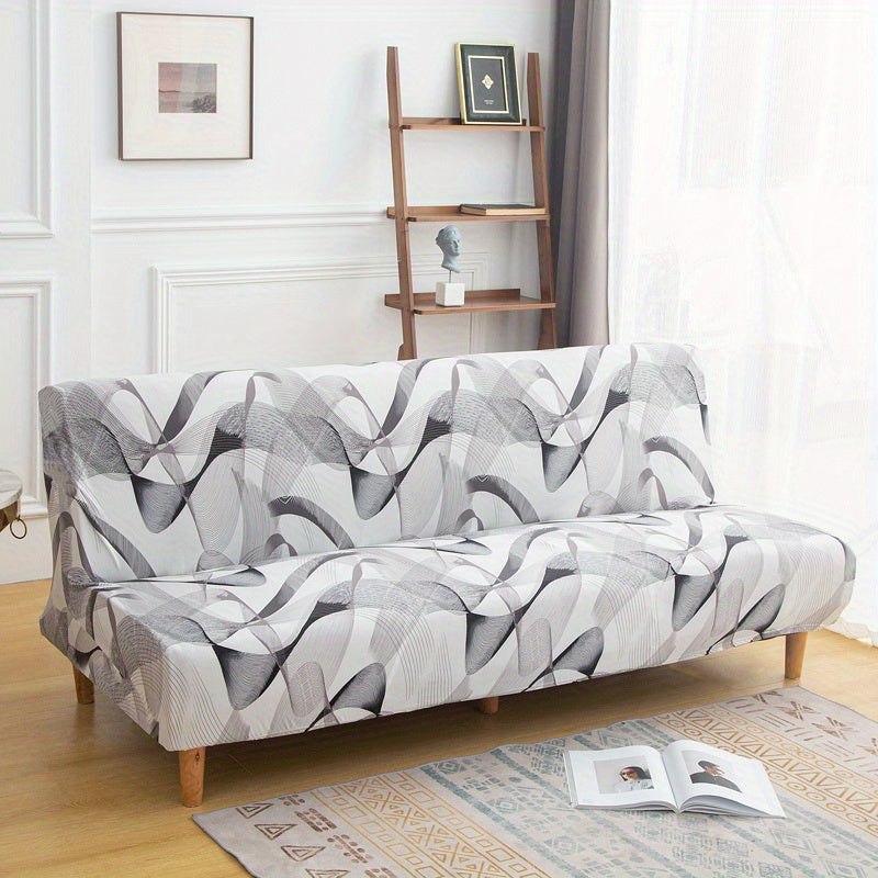 Printed armless futon slipcover to protect furniture in a bedroom, office, or living room.