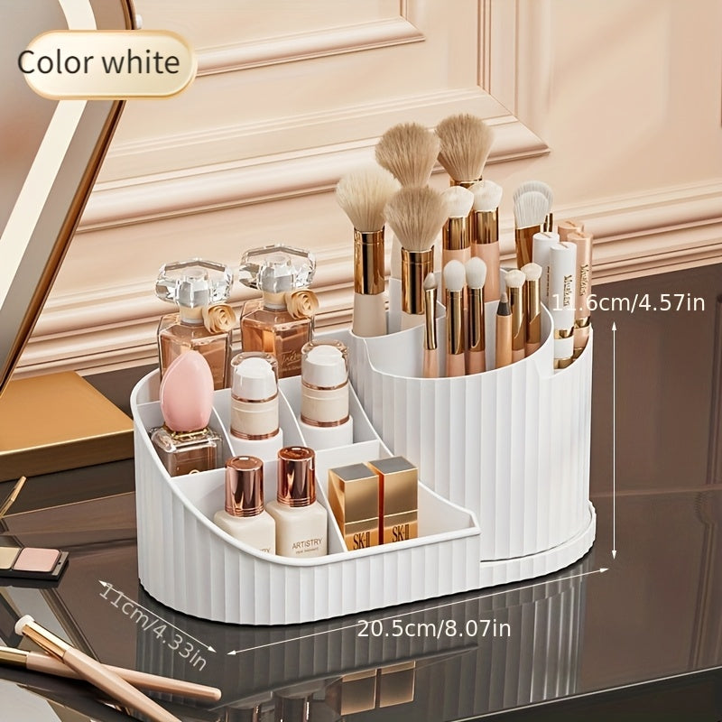 Durable rotating makeup organizer and desk caddy made of plastic, ideal for storing brushes, lipsticks, skincare products, and stationery. Space-saving, elegant white finish with odorless