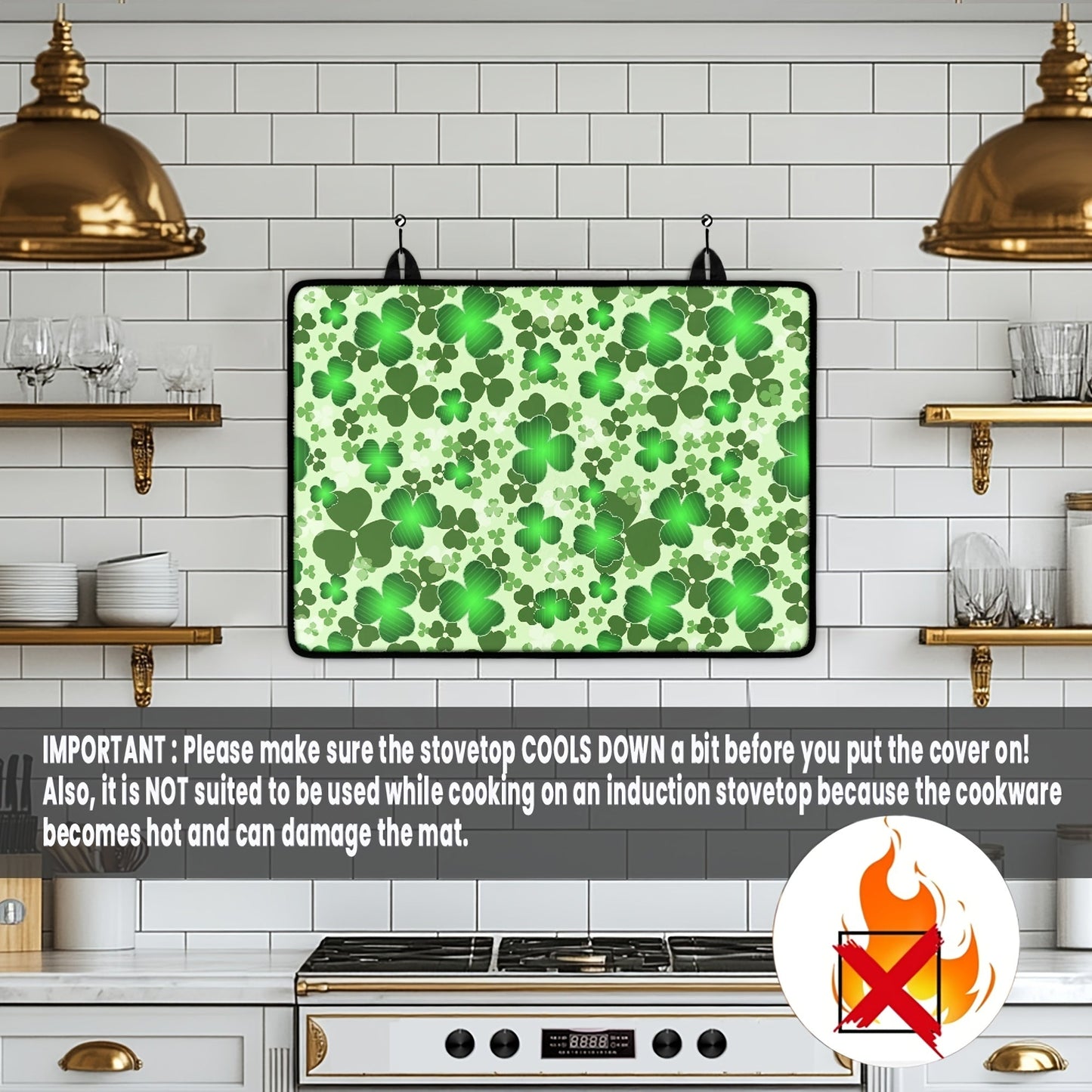 Heat-resistant non-slip stove cover featuring a St. Patrick's Day clover and green hat design. This glass ceramic protector includes a rubber guard and scratch-proof coffee mat, perfect for protecting your kitchen countertop space. It can also be used as