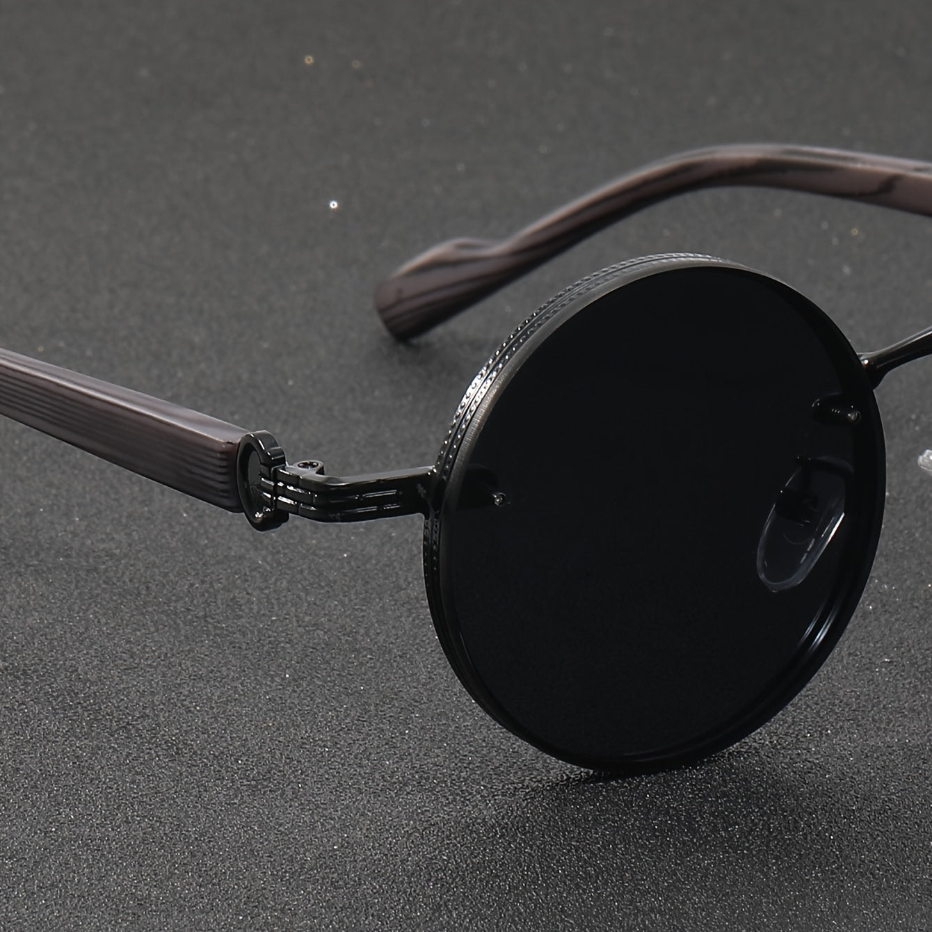 Small round frame retro glasses with wooden legs, all black - perfect for traveling.