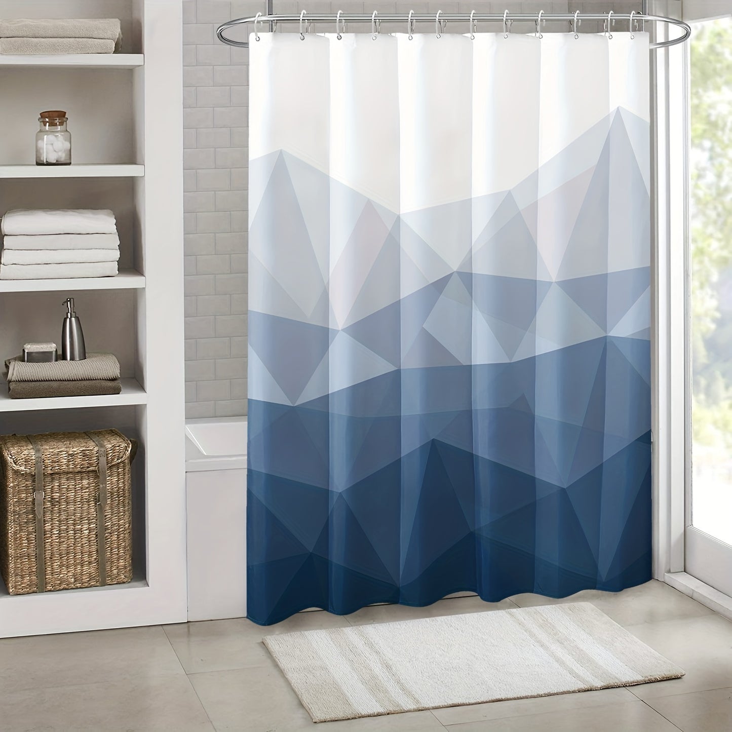 Blue gradient geometric pattern shower curtain with 12 hooks, made of waterproof polyester, suitable for home or hotel bathrooms. Machine washable and can also be used as a window curtain for bathroom décor.