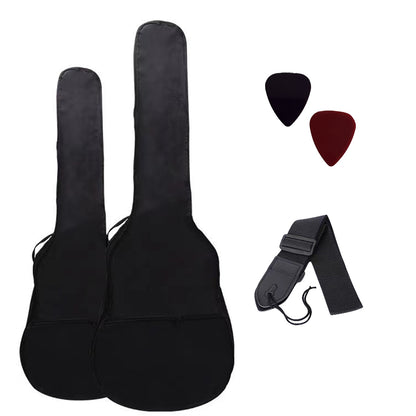 41-inch all mahogany black folk guitar with matte finish, enclosed tuners, tech wood fingerboard, rosewood bridge, black pickguard, includes black gig bag, picks, strap. Eid Al-Adha Mubarak.