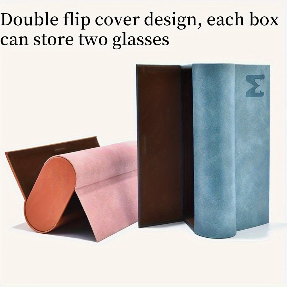 Stylish double-layer glasses case made from durable faux leather. This portable and fashionable case can hold 2 pairs of glasses and comes in scratch-resistant blue or orange.