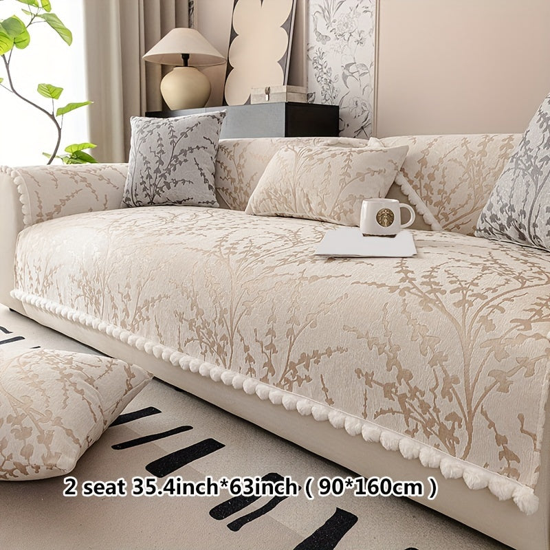 Chenille Jacquard Sofa Cover with Non-slip and Anti Cat Scratch features, suitable for all seasons. Perfect for protecting your furniture in any room.