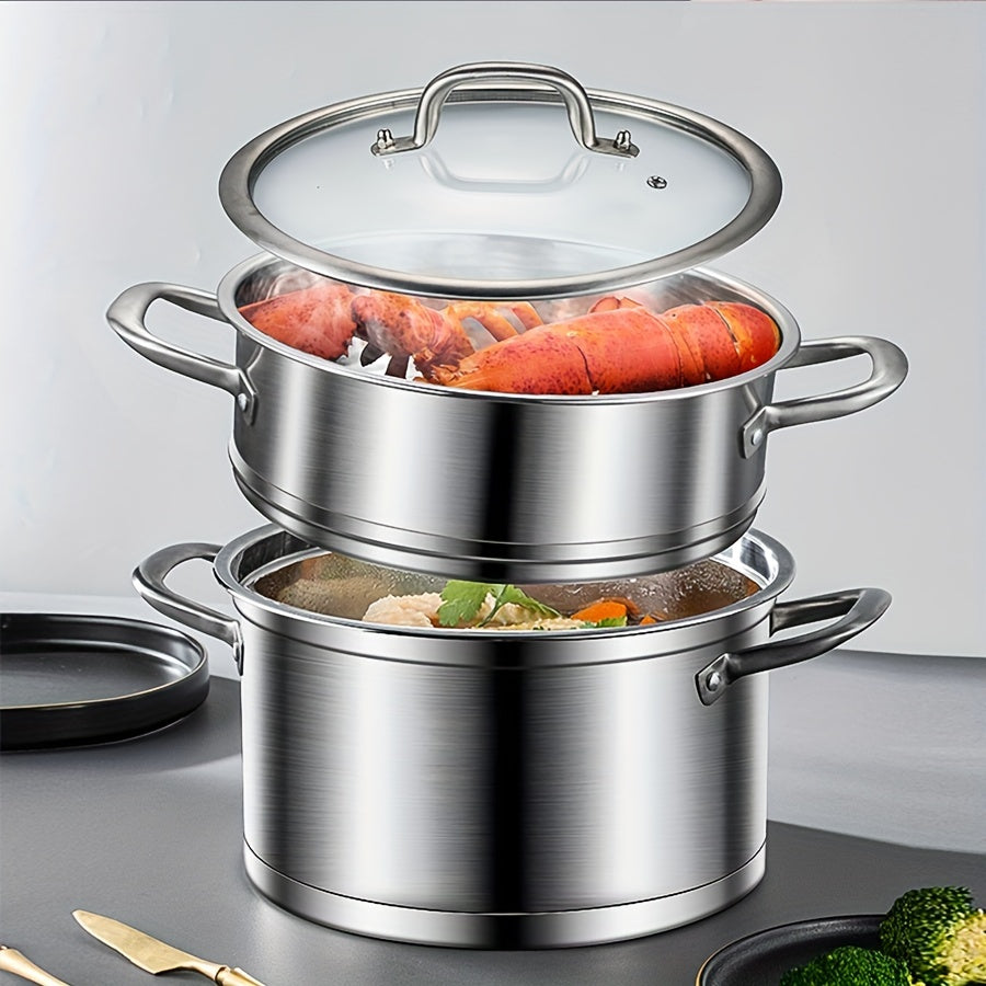 This 3-piece set of stainless steel steamer pots comes with a separate steamer basket, perfect for versatile soup and steam cooking. The pots feature a triple layer composite bottom for even and quick heat distribution, with a one-piece die-cast design.