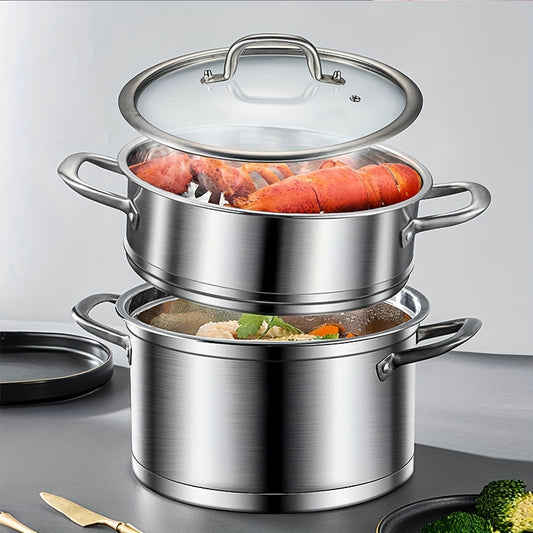 This 3-piece set of stainless steel steamer pots comes with a separate steamer basket, perfect for versatile soup and steam cooking. The pots feature a triple layer composite bottom for even and quick heat distribution, with a one-piece die-cast design.