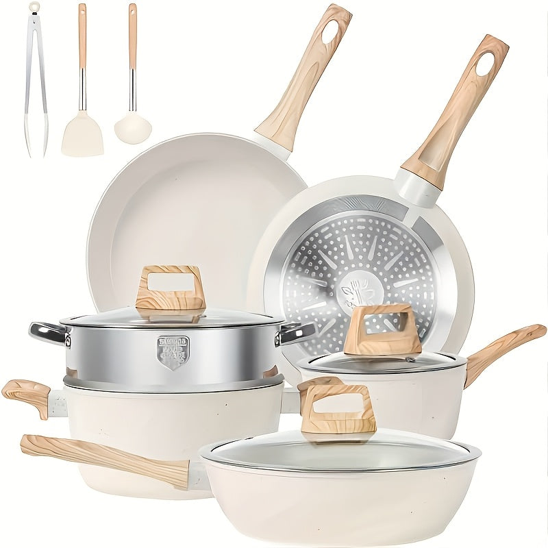 Non-Stick Cookware Set includes 12 pieces of aluminum pots and pans, suitable for induction cooking. They are dishwasher and oven safe, and come with detachable handles. An essential cooking equipment set.