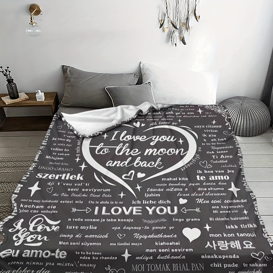 Modern Love-Inspired Throw Blanket - Soft Knitted Polyester Throw for All Seasons Featuring "I Love You to the Moon and Back" Design - Colorful Digital Print Flannel Blanket perfect for Snuggling and Staying Cozy.