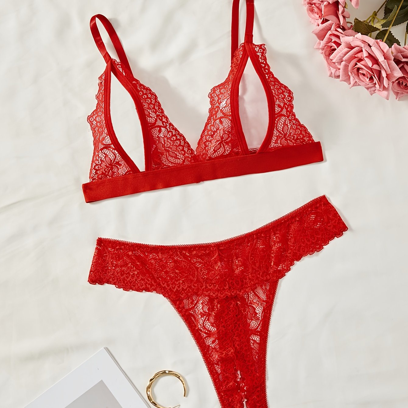 Floral lace lingerie set with open cup triangle bra and open crotch thong, sexy women's underwear.