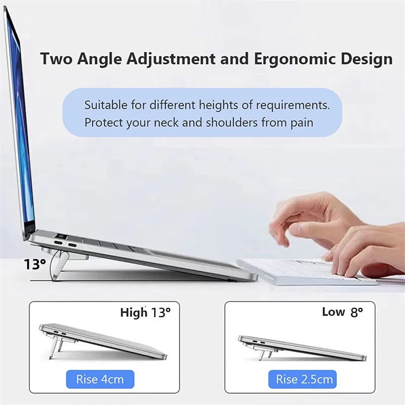 Portable laptop stand with adjustable angles and foldable design for Macbooks and notebooks.