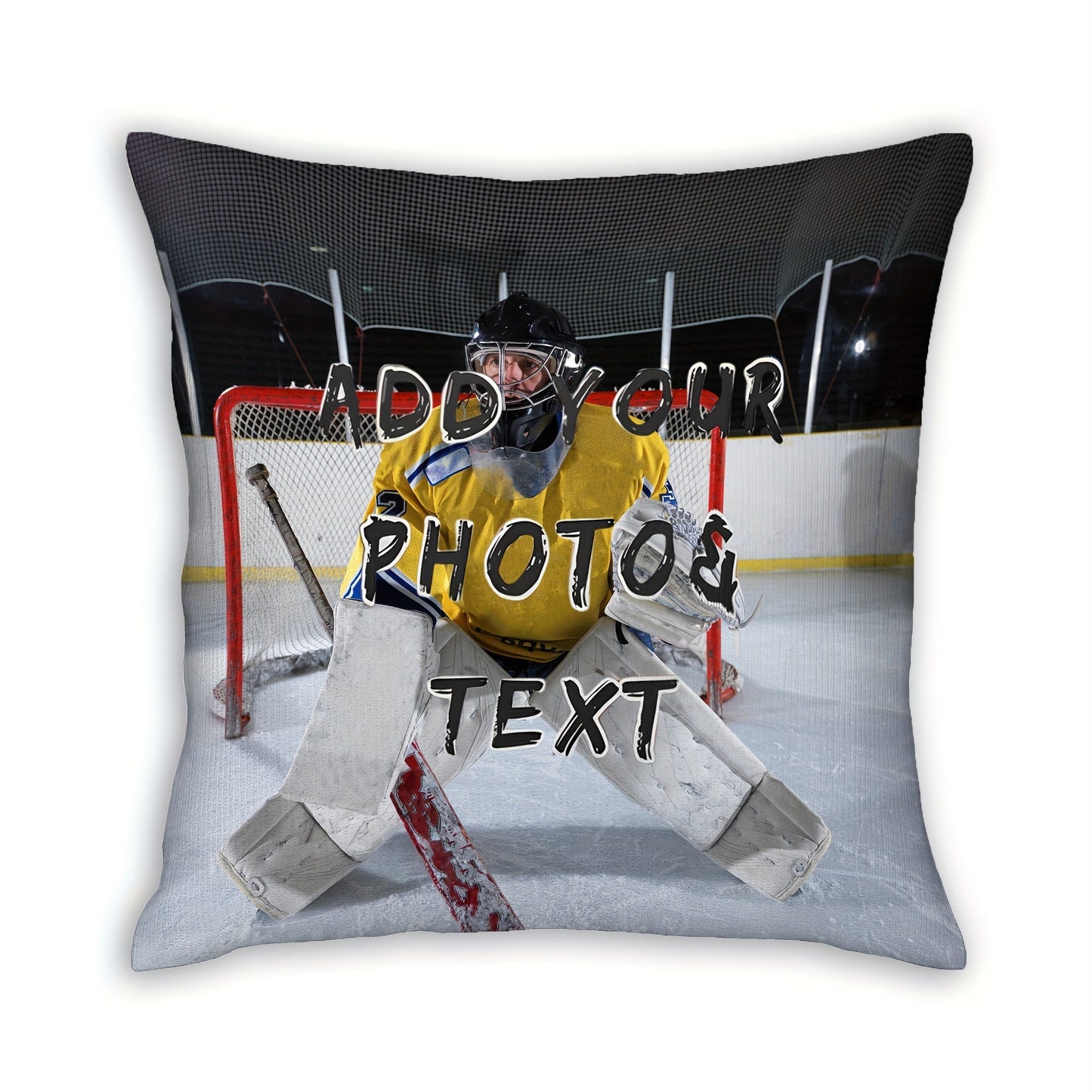 One personalized ice hockey goalie photo pillow cover available for purchase. Made of polyester and short plush material with a single-sided print. Does not come with an insert. Designed to fit a 45.72x45.72 cm pillow. Perfect gift for hockey fans