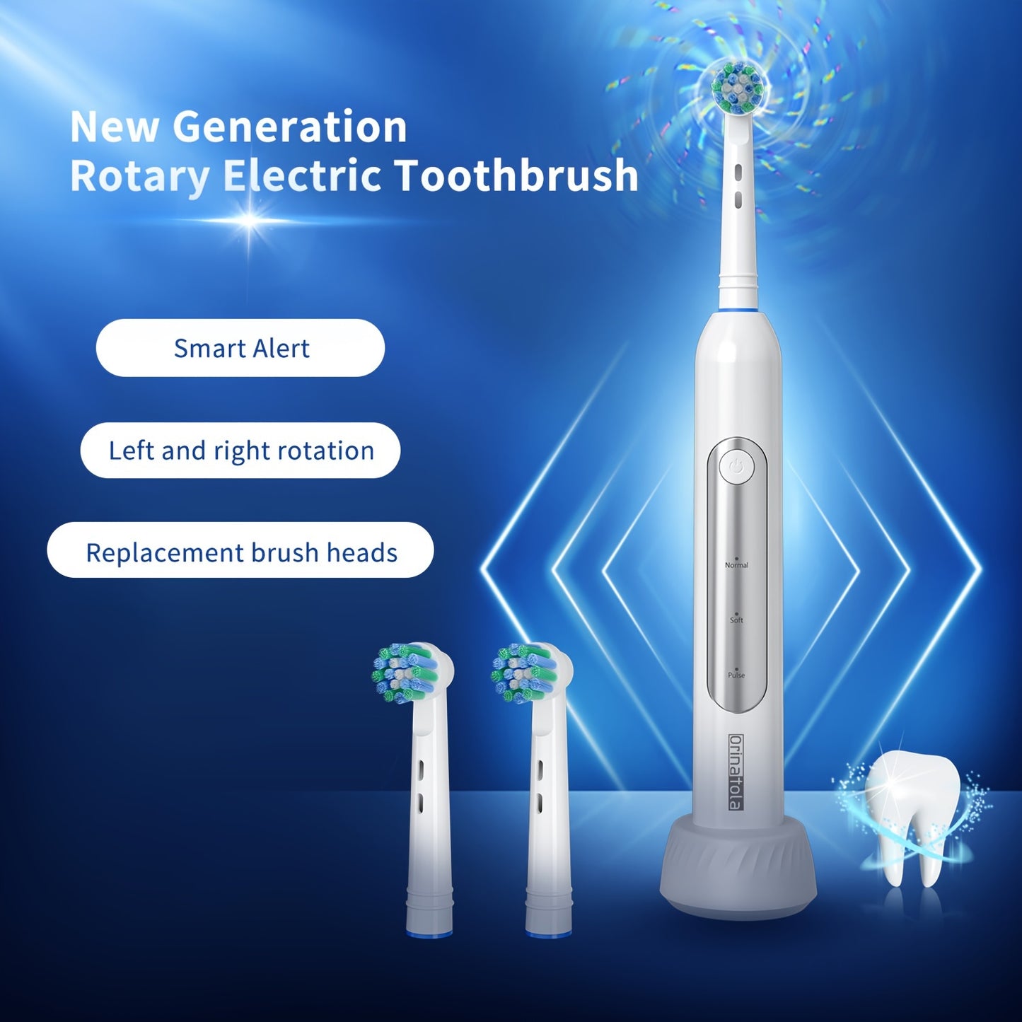 Orinatola Electric Toothbrush with 3 rotating cleaning modes, 1 travel case, 2 replacement brush heads, induction charging, and high rating - ideal for gifting.