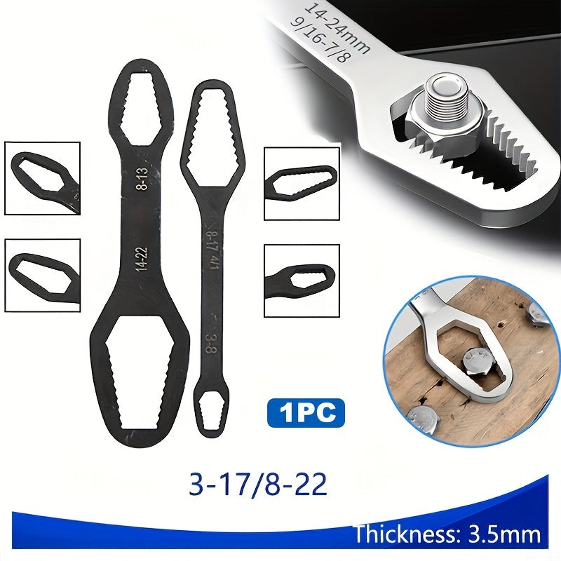 Double-ended plum wrench with 3.5mm thickness for tightening various screws and nuts. Suitable for diameters 8-22mm/3-17mm.