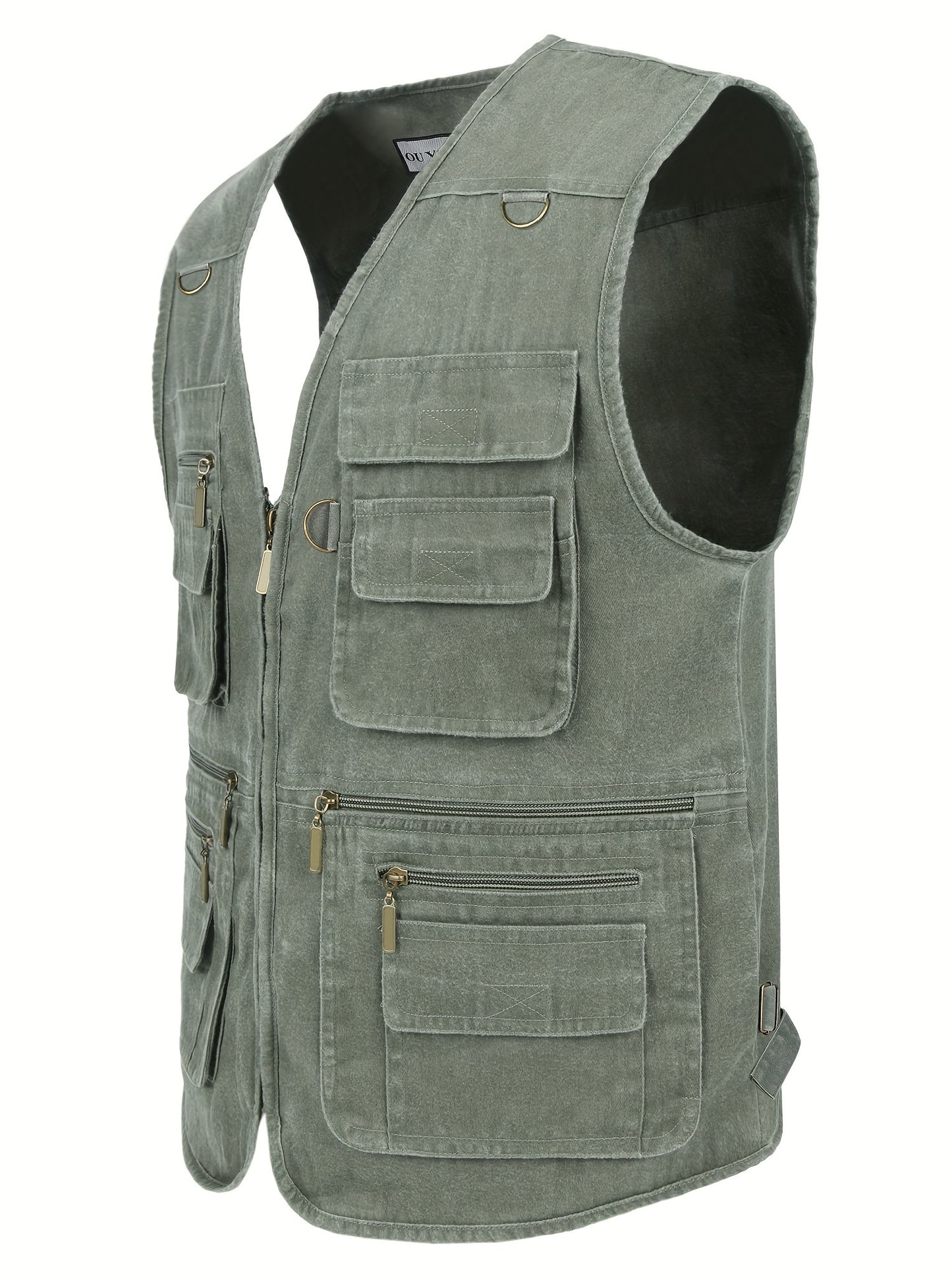 Solid multi-pocket zip-up vest jacket for men, perfect for outdoor activities and work days.