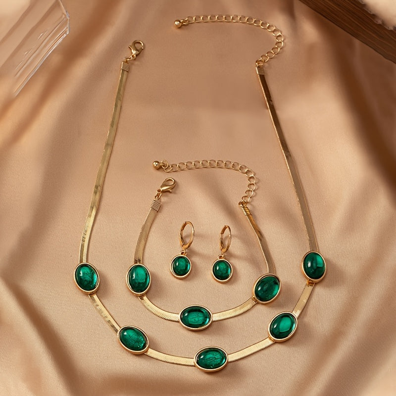 Jewelry Set featuring Gemstone Pendant Necklace, Bracelet & Earrings, Inspired by Vintage Styles - Ideal for Everyday Wear