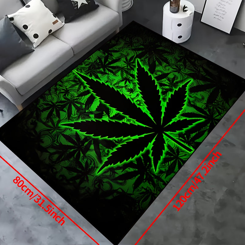 Illuminate your space with Black Background Fluorescent Marijuana Leaves this Halloween with our 1000g/m² Thick Felt Rug. Available in various sizes (15x23/19x31/31x47/39x59/47x63/63x78inches), this machine washable polyester rug is suitable for both