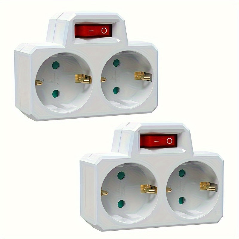 2 European standard outlet adapters with on/off switch, compact design, surge protection, 250V/16A - perfect for travel, home, office, and outdoor use.