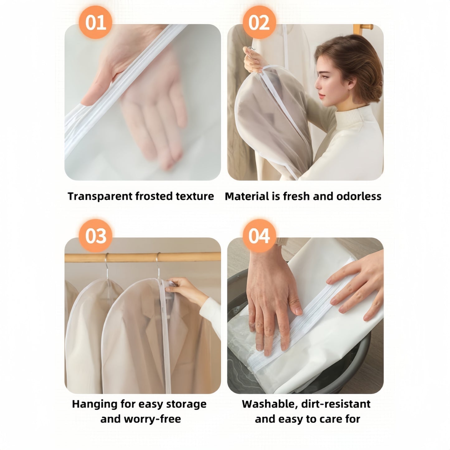 5 transparent garment dust covers for hanging clothes protection, washable and moisture-proof. Ideal for suits, dresses, and more. Visible storage solution for wardrobe organization.