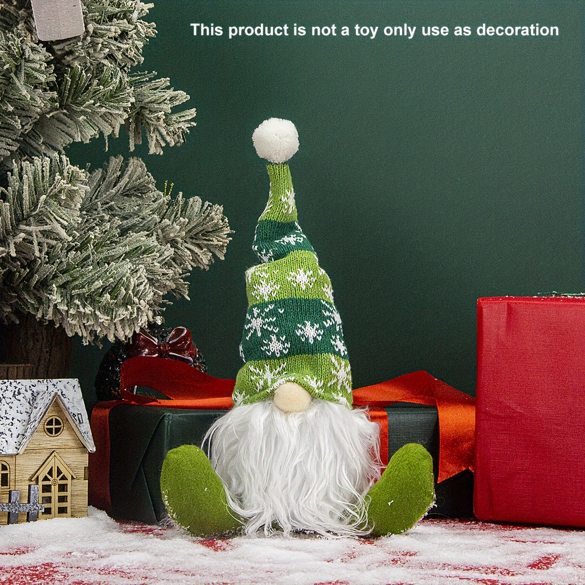 Christmas scene with an old man sitting in a snowflake hat and mustache, surrounded by props and decorations on Christmas Eve.