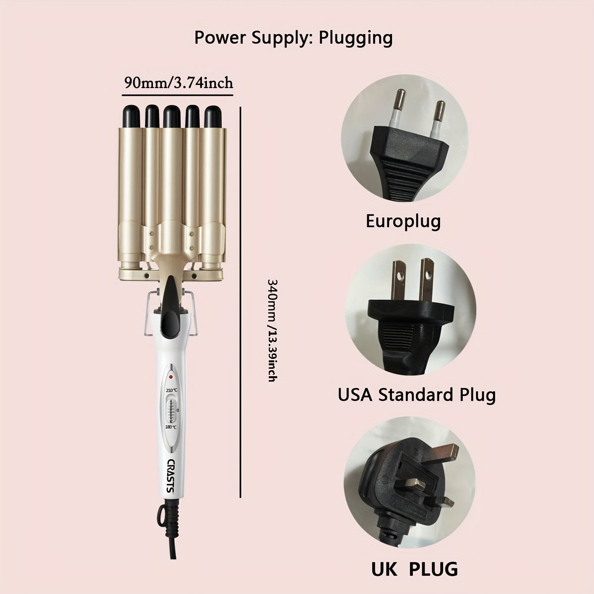 Wavy hair curling iron with temperature control and large barrel for creating water ripple waves and egg roll curls.