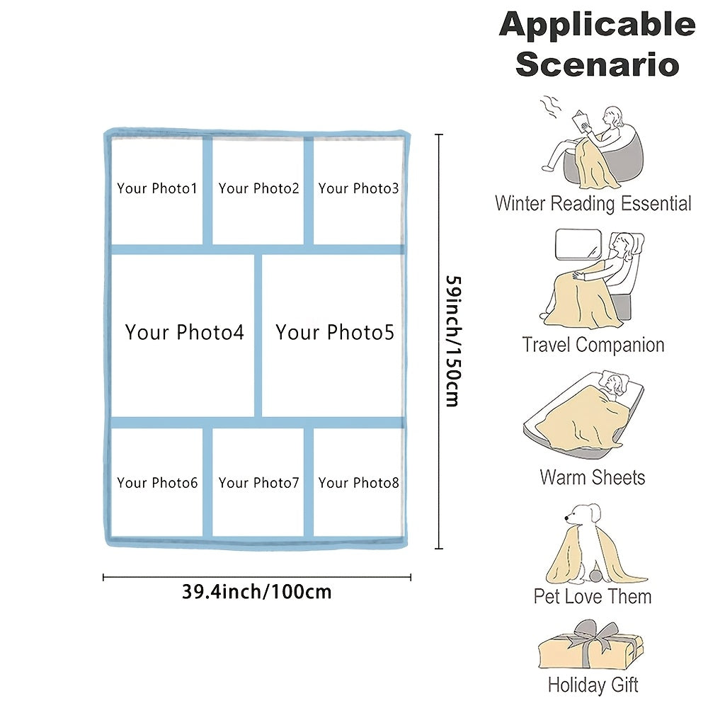 Customize your cozy flannel blanket with a personal photo! This soft and warm memory blanket is perfect for couples or families and is ideal for use in the office, bed, sofa, armchair, napping, camping, or travel. The machine washable blanket features a