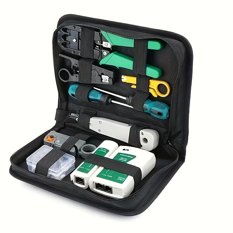 Professional network service tools kit including RJ45 tester, crimp pliers, cable tracker, clip kit, and carry bag. Suitable for Cat5, Cat5e, and Cat6 cables. Portable and uncharged.