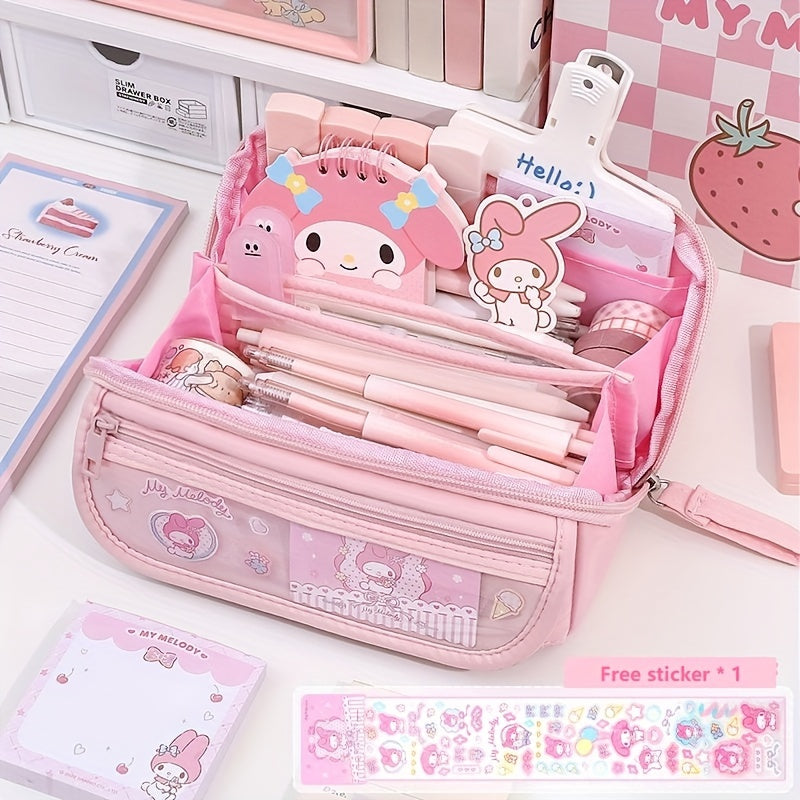 1 piece SANRIO 9-Layer Large-Capacity Multi-Functional Pen Case made of Oxford Cloth featuring Kulomi & Melody Cute Cartoon Style, ideal for organizing student stationery. Waterproof and