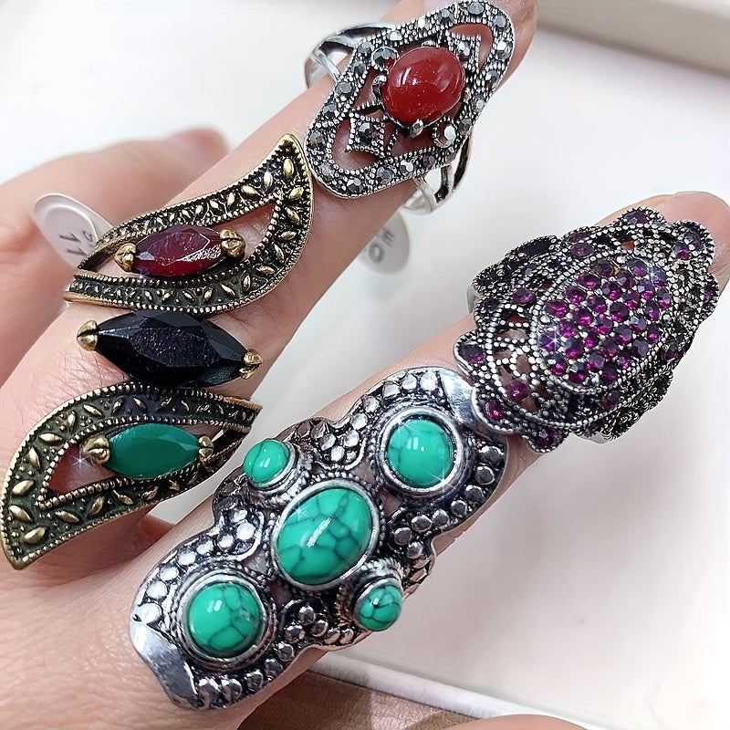 Set of 10 Vintage Exaggerated Synthetic Turquoise Alloy Rings in Luxury Ethnic Style. Each pair features heart-shaped design with synthetic stone and alloy material. No power required. Perfect for parties, weddings, Valentine's Day, and everyday wear.