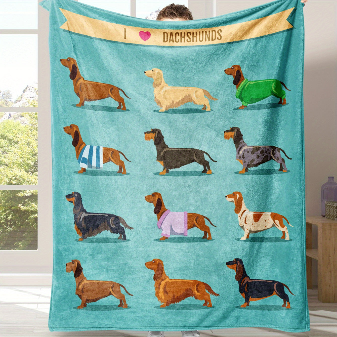 1 piece of Dachshund Blanket, featuring a soft blue and grey sausage fleece flannel, adorned with a cute Doxie design. This plush blanket is perfect for Dachshund lovers, suitable for adults and women.