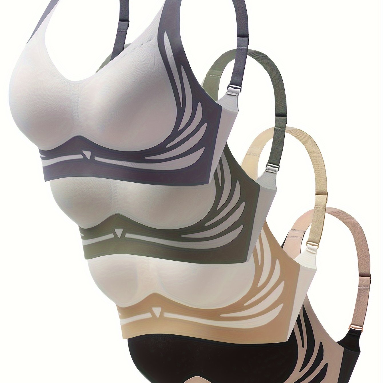 Women's 4-piece seamless bralette set with striped pattern, removable pads, and comfortable knit material.