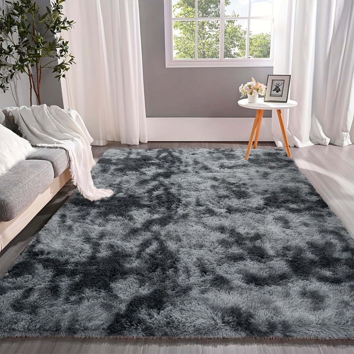 Luxurious Dark Grey Tie-Dye Plush Area Mat - Ultra-Soft with Thick Sponge Padding for Comfort, Durable, Easy to Clean; Perfect for Living Room, Bedroom, and Game Room. Available in Multiple Sizes. Great for adding style and comfort to your living space.