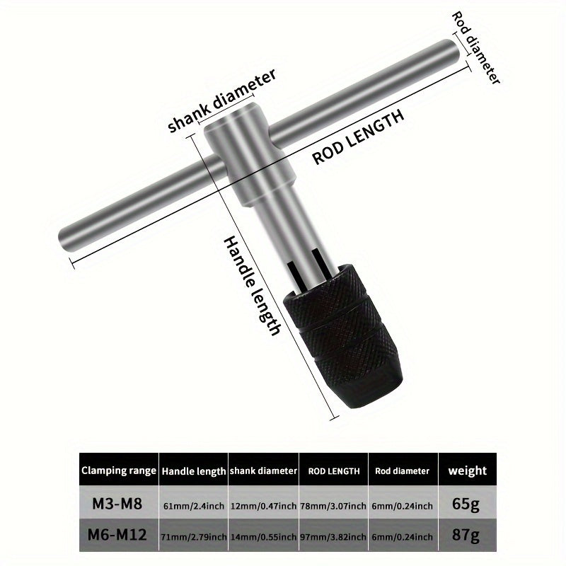 Single-item packaging 9-piece manual tapping set made of alloy steel, includes thread tap kit with t-handle wrench, suitable for M3-M12 size range. Ideal for threading metal, wood, and