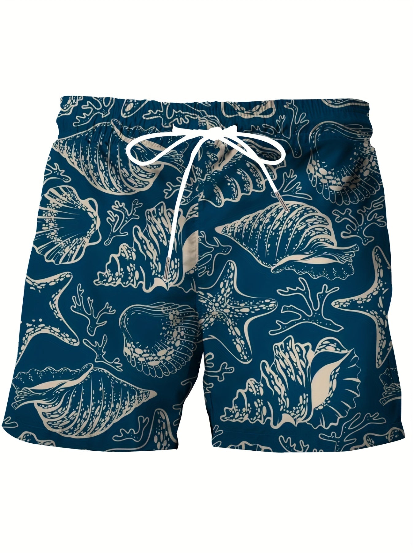 Plus size men's beach shorts with tropical print, elastic drawstring waist and pockets.