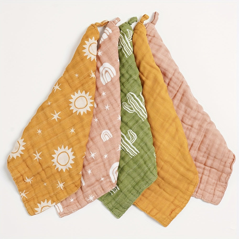 Set of 5 Bamboo Cotton Muslin Face Towels featuring Rainbow Print, Soft Bowels, and Burp Cloths