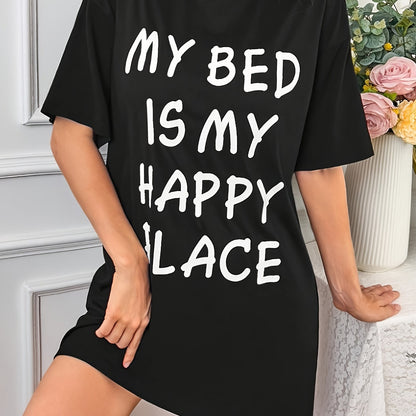 Casual sleepwear dress with slogan print, short sleeves, and round neck for comfortable nightwear.