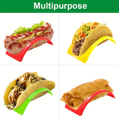 Taco holder set includes 3, 6, 12, and 18pcs, colorful and reusable. Can also be used as pancake rack or tortilla holder. A handy kitchen gadget.