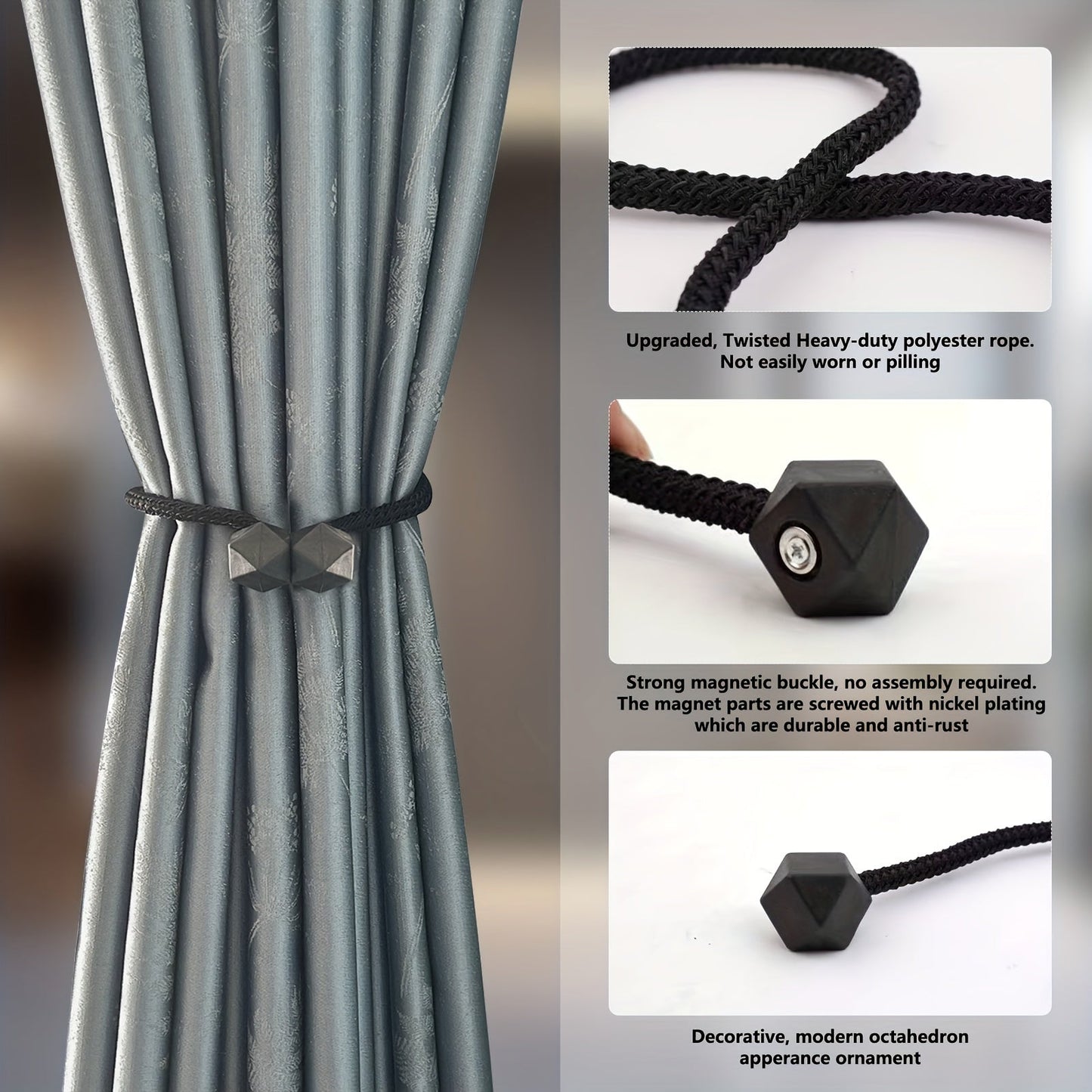 Pair of magnetic curtain ties with thicker twist rope and strong magnetic hold, perfect for holding curtains back in place. These decorative curtain holdbacks are ideal for adding a touch of style to your living room, office, or home decor.