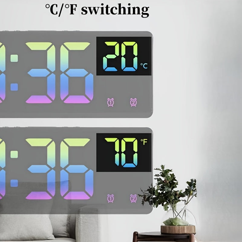 NieNie Digital Alarm Clock features voice control, dual alarm, night mode, adjustable brightness levels, snooze function, temperature and date display, USB powered, 12/24-hour time format, and a rectangular shape with a flat crown. The clock also has a