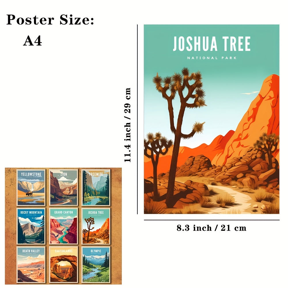 Set of 9 Large Size Modern Art Design Illustration Style Posters featuring Famous National Parks Landscapes. Frames not included. Perfect Gifts for Room Decor, Living Room, and Bedroom. Available in A3, A4, and A5 sizes.