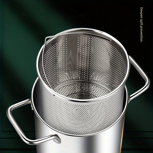 Cooking essentials: Stainless Steel Stockpot Set with Strainer Basket. Crafted from high-quality SUS304 stainless steel, this set is perfect for frying, making soup, and sauces. Induction compatible and no power needed, making it versatile for any