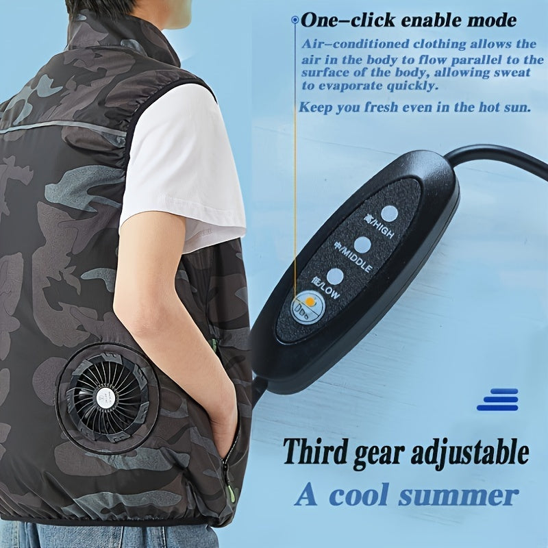 Stay cool and comfortable on-the-go with the Wearable Fan Vest. This USB-powered cooling vest features sleeveless air conditioner clothing, equipped with 2 silent fans and adjustable speed settings. Perfect for both men and women, this vest is ideal for