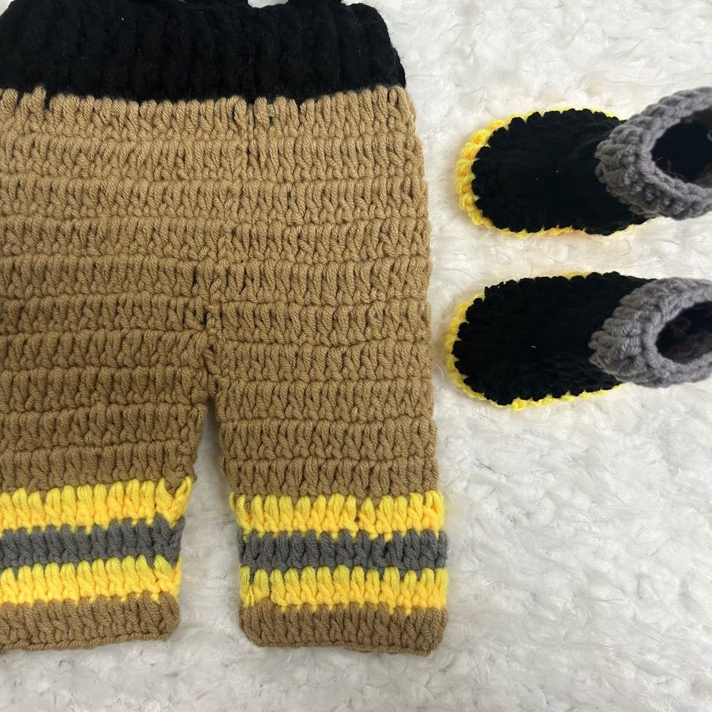 Set of 3 FD Firefighter-inspired Newborn Baby Photography Props, including a Crochet Yarn Hat, Overalls, and Boots