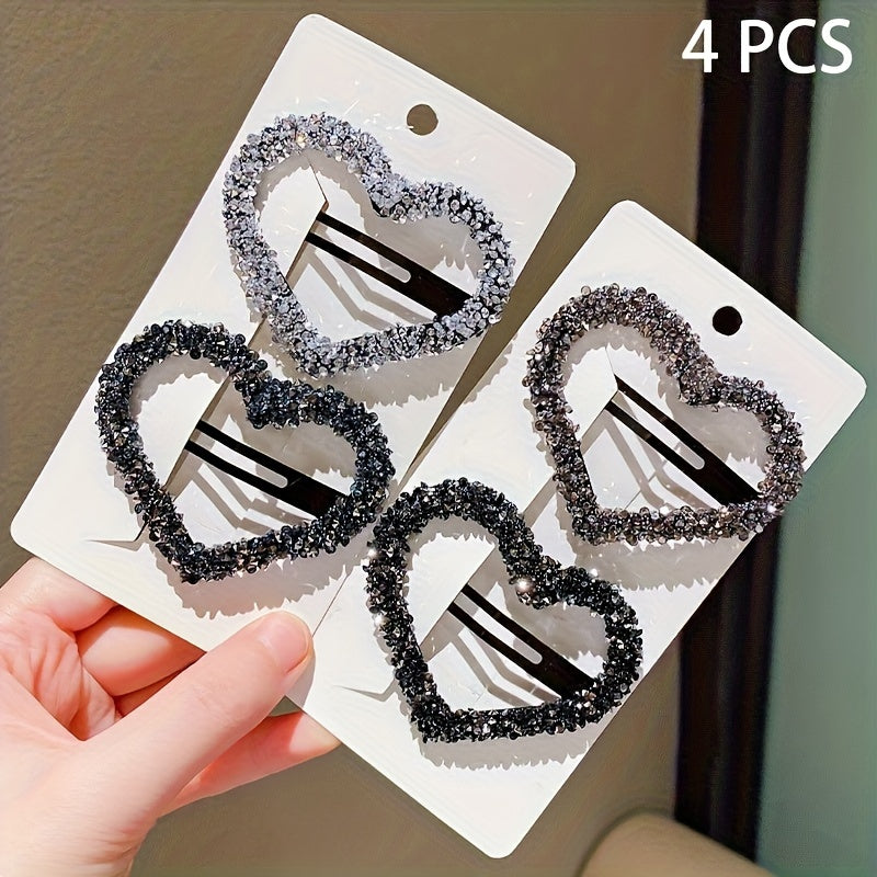 4 fashionable girl's hair clips with glitter heart-shaped rhinestones in mixed colors