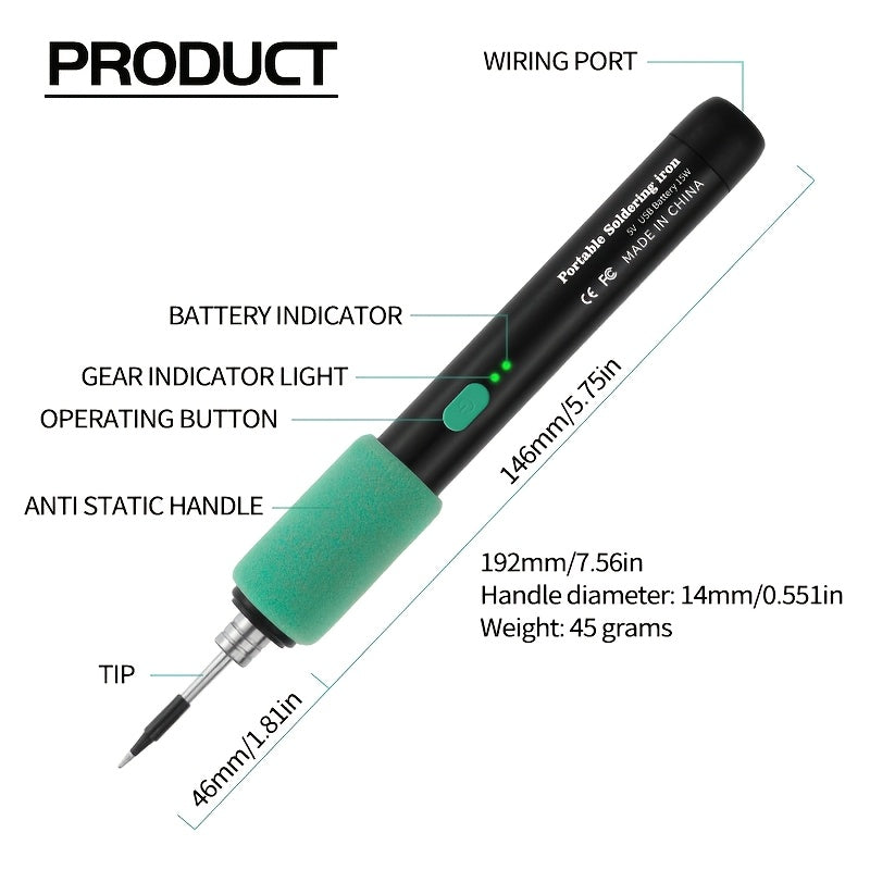 Adjustable temperature mini soldering iron kit with USB rechargeable battery. Includes 3 soldering tips, stand, sponge, and storage case. Ideal for various projects such as home appliance