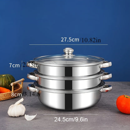 High-Quality Stainless Steel Steamer and Soup Pot Set with 3 Tiers - Sturdy Construction for Induction and Gas Stoves - Ideal for Festive Celebrations